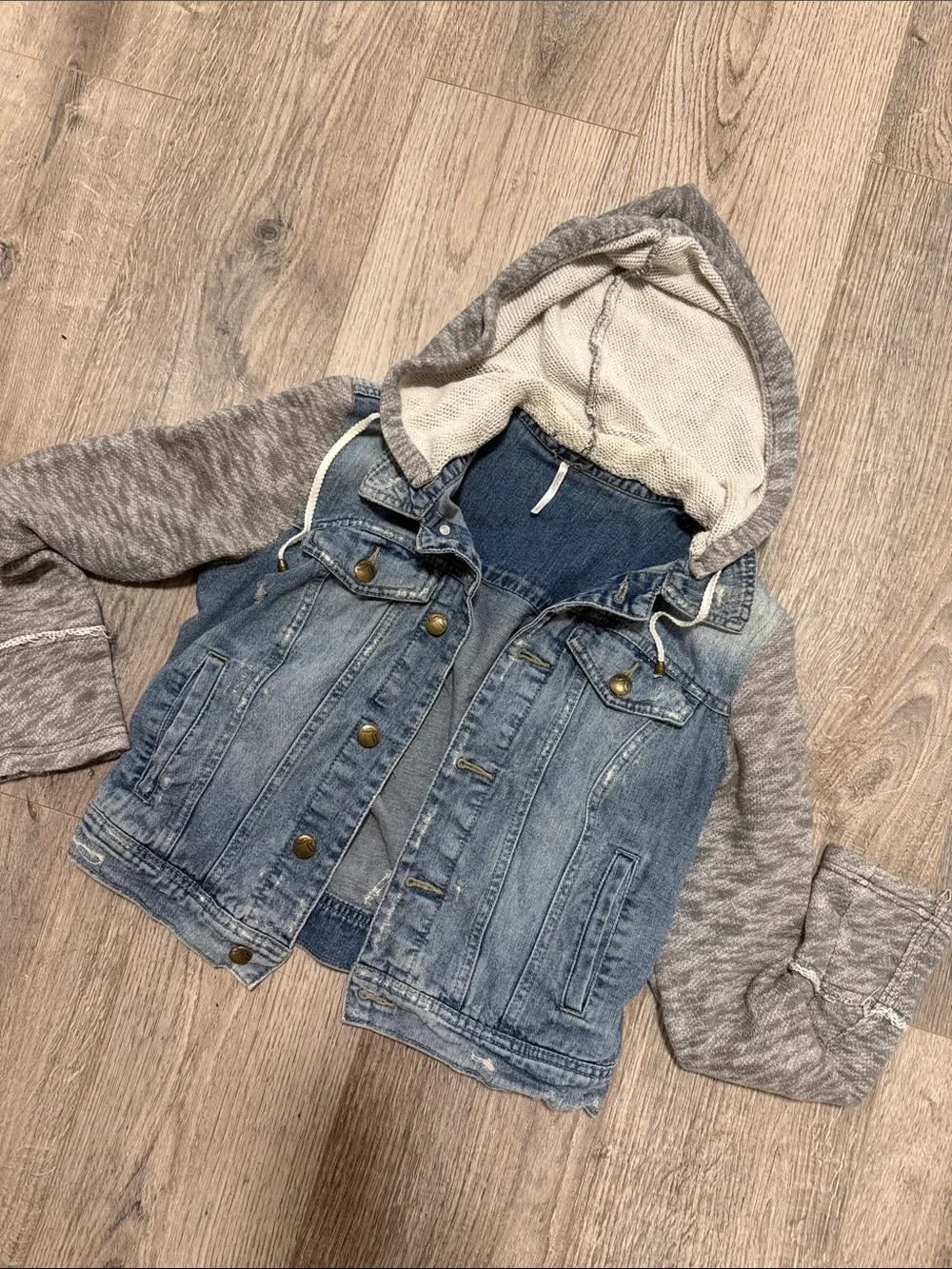 Free people Denim Hooded Jacket with Gray Knit Sleeves - Picture 1 of 6